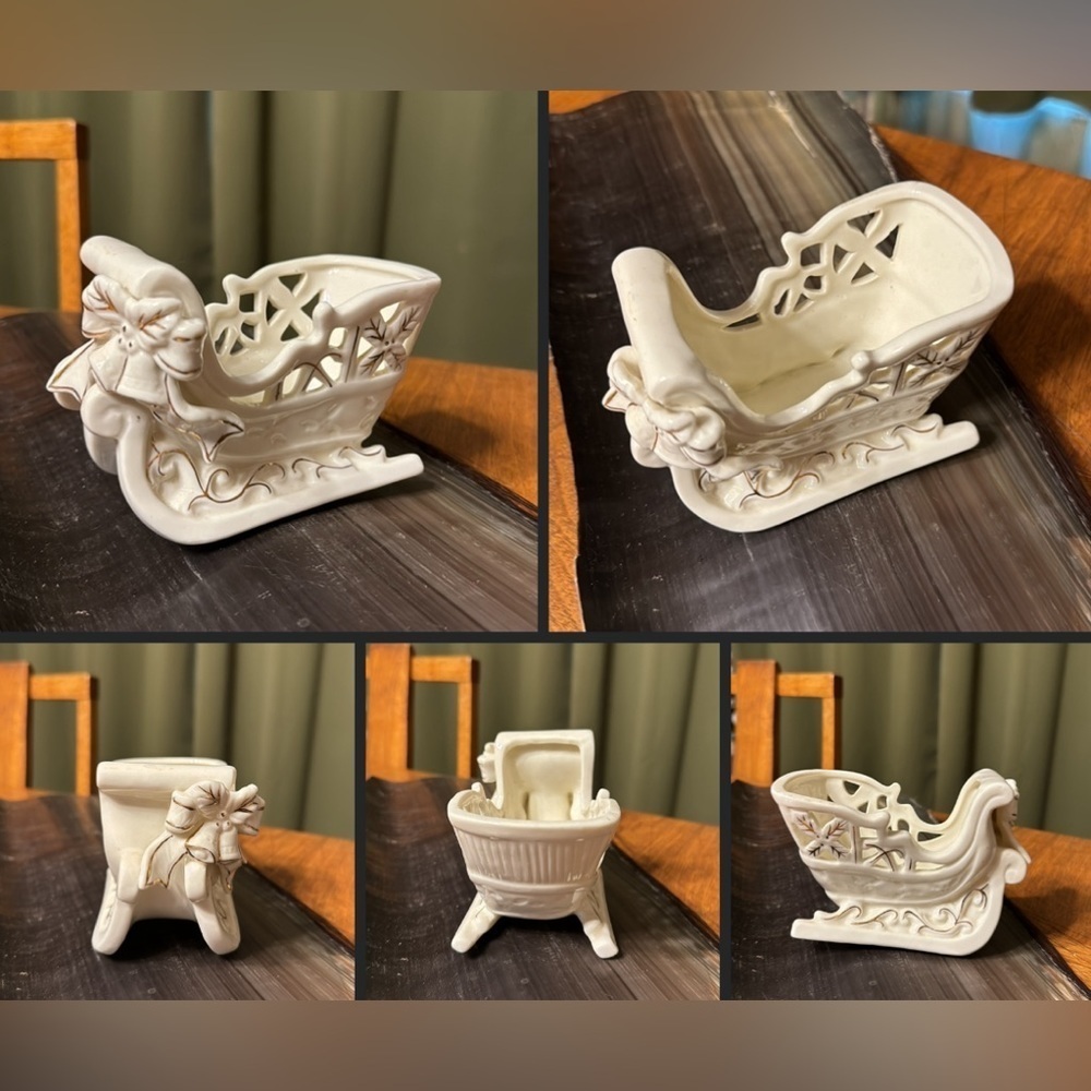 Vintage Porcelain White Gold Sleigh Vintage Porcelain Mini Sleigh Decor